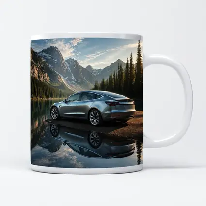 Tesla Model 3 Parked By Mountain Lake