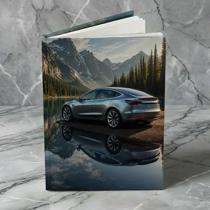 Tesla Model 3 Parked By Mountain Lake