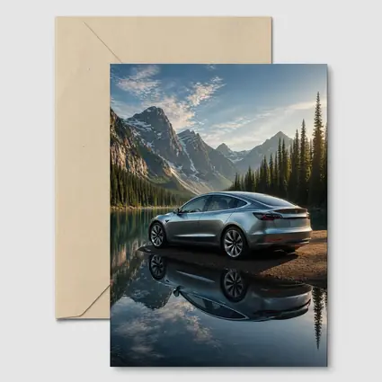 Tesla Model 3 Parked By Mountain Lake