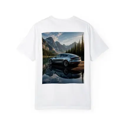 Tesla Model 3 Parked By Mountain Lake