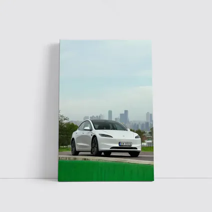 Tesla Model 3 White Car City Skyline