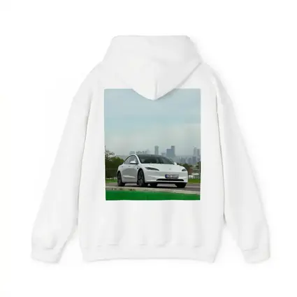 Tesla Model 3 White Car City Skyline