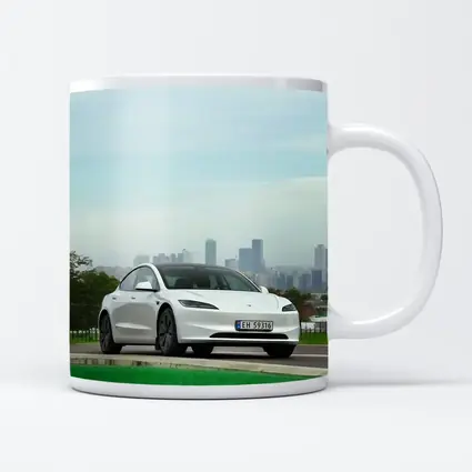 Tesla Model 3 White Car City Skyline