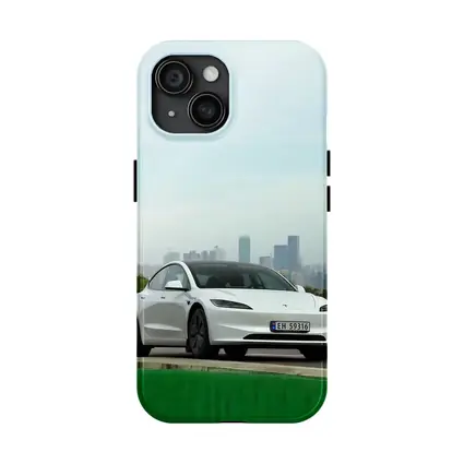 Tesla Model 3 White Car City Skyline