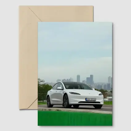 Tesla Model 3 White Car City Skyline