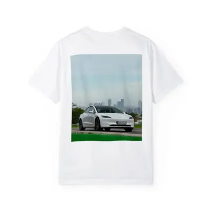Tesla Model 3 White Car City Skyline