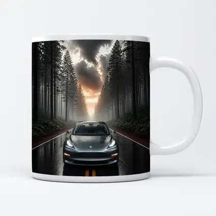 Tesla Model 3 On Rainy Forest Road