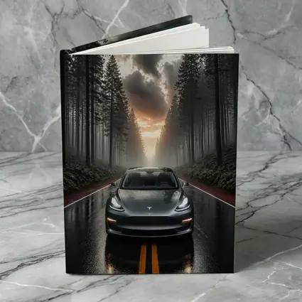 Tesla Model 3 On Rainy Forest Road