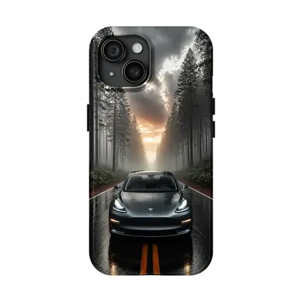 Tesla Model 3 On Rainy Forest Road