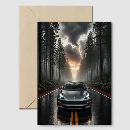 Tesla Model 3 On Rainy Forest Road