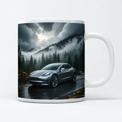Tesla Model 3 Rainy Forest Mountain Road