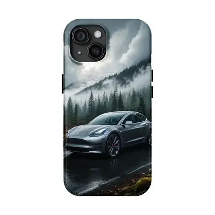 Tesla Model 3 Rainy Forest Mountain Road