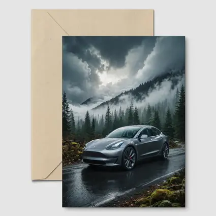 Tesla Model 3 Rainy Forest Mountain Road