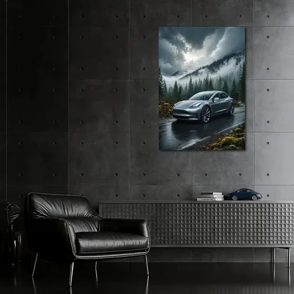Tesla Model 3 Rainy Forest Mountain Road