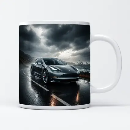 Tesla Model 3 On Rainy Coastal Road