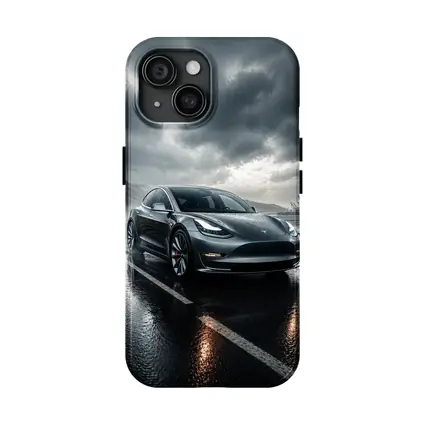 Tesla Model 3 On Rainy Coastal Road