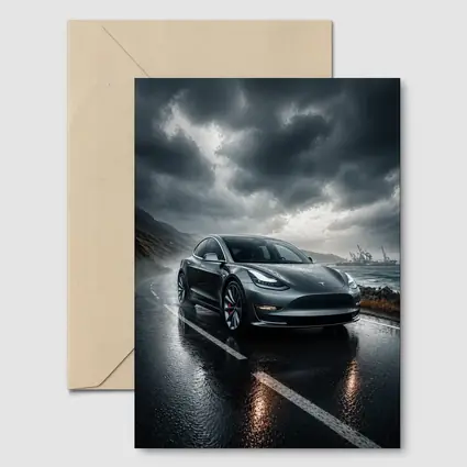 Tesla Model 3 On Rainy Coastal Road