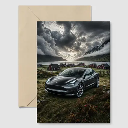 Tesla Model 3 Dark Dramatic Cloudy Landscape