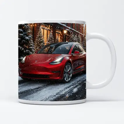 Tesla Model 3 Red Car Winter Snow Scene