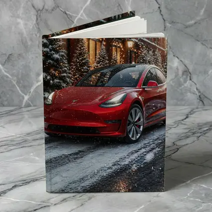 Tesla Model 3 Red Car Winter Snow Scene
