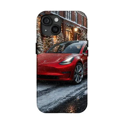 Tesla Model 3 Red Car Winter Snow Scene