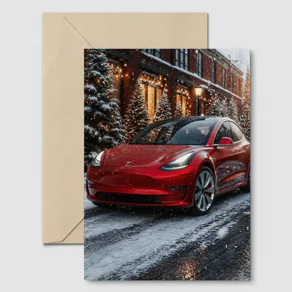 Tesla Model 3 Red Car Winter Snow Scene