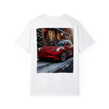 Tesla Model 3 Red Car Winter Snow Scene
