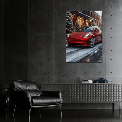 Tesla Model 3 Red Car Winter Snow Scene