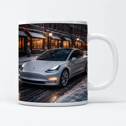 Tesla Model 3 White Snowy City Street