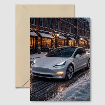 Tesla Model 3 White Snowy City Street
