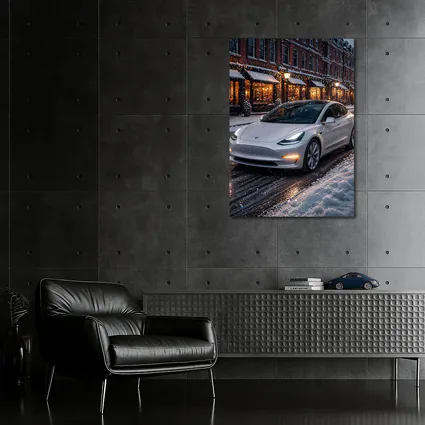 Tesla Model 3 White Snowy City Street
