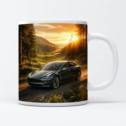 Tesla Model 3 Driving Forest Sunset Road