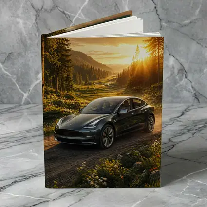 Tesla Model 3 Driving Forest Sunset Road