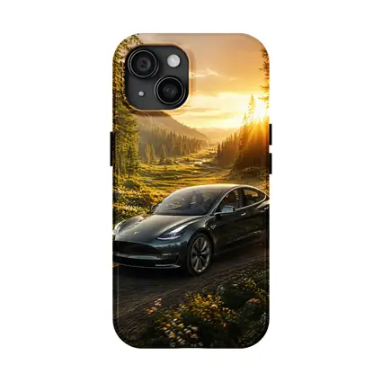 Tesla Model 3 Driving Forest Sunset Road