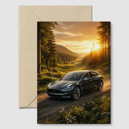 Tesla Model 3 Driving Forest Sunset Road