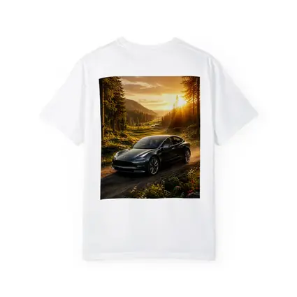 Tesla Model 3 Driving Forest Sunset Road