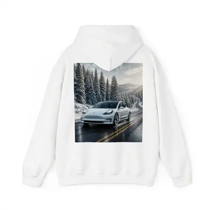 Tesla Model Three White Winter Mountain Road