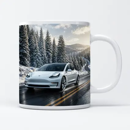 Tesla Model Three White Winter Mountain Road