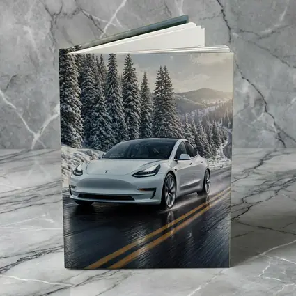 Tesla Model Three White Winter Mountain Road