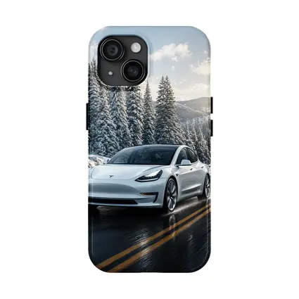 Tesla Model Three White Winter Mountain Road