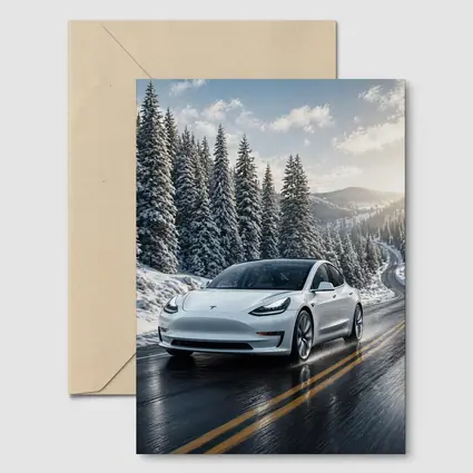 Tesla Model Three White Winter Mountain Road