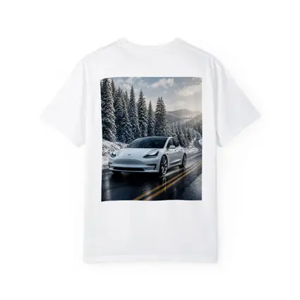 Tesla Model Three White Winter Mountain Road