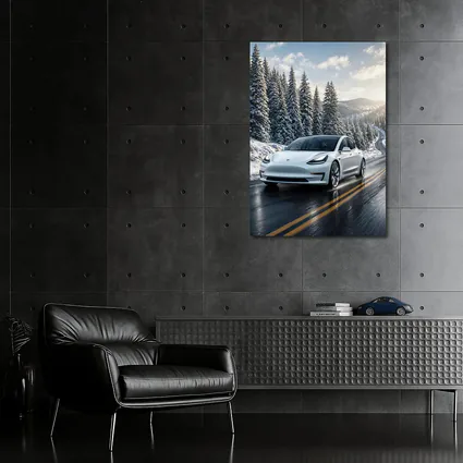 Tesla Model Three White Winter Mountain Road
