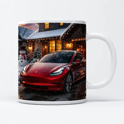 Tesla Model 3 Red Christmas Winter Night