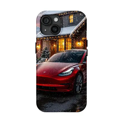 Tesla Model 3 Red Christmas Winter Night