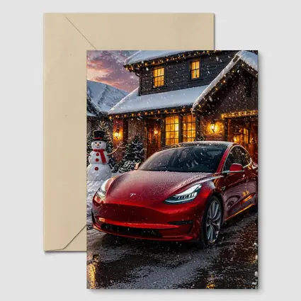 Tesla Model 3 Red Christmas Winter Night