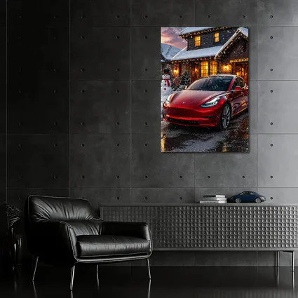 Tesla Model 3 Red Christmas Winter Night