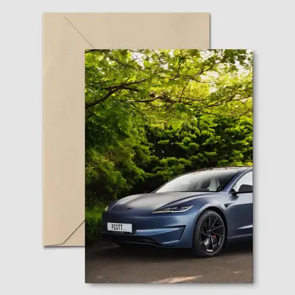 Tesla Model 3 Parked Among Green Trees