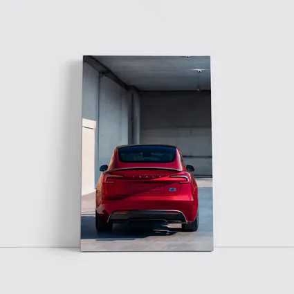 Red Tesla Model Three Rear Parking Garage