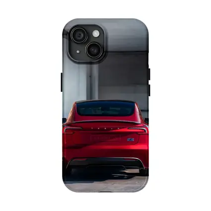 Red Tesla Model Three Rear Parking Garage